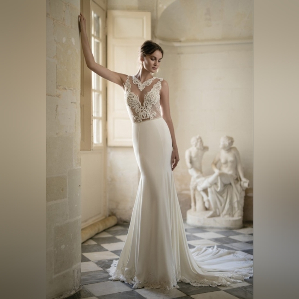 NWT Alon Livné Sz 12 White Dorian Lace Bodice V-Neck Ivory Wedding Dress